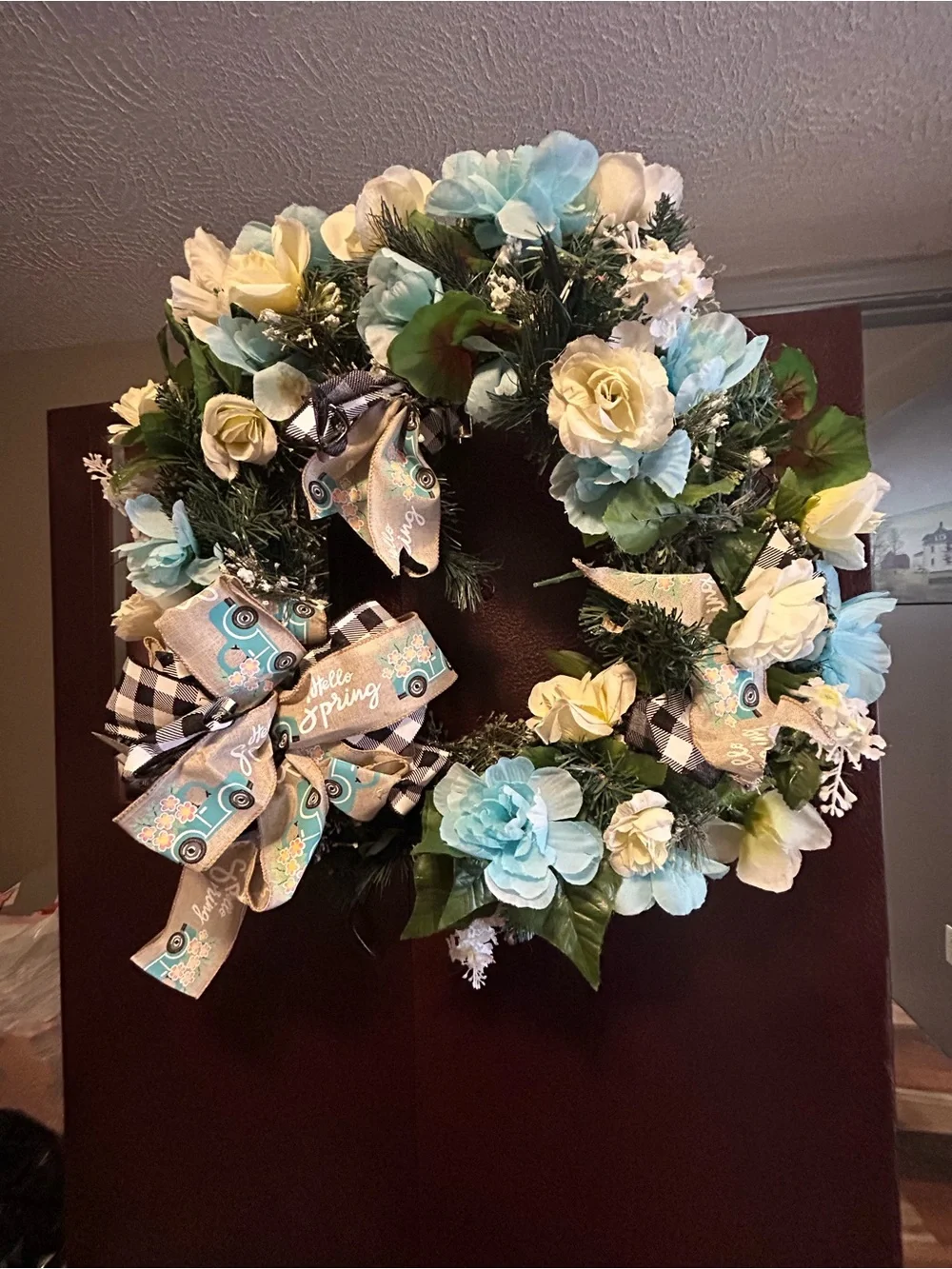 Spring Floral Wreath with Blue and Cream Roses